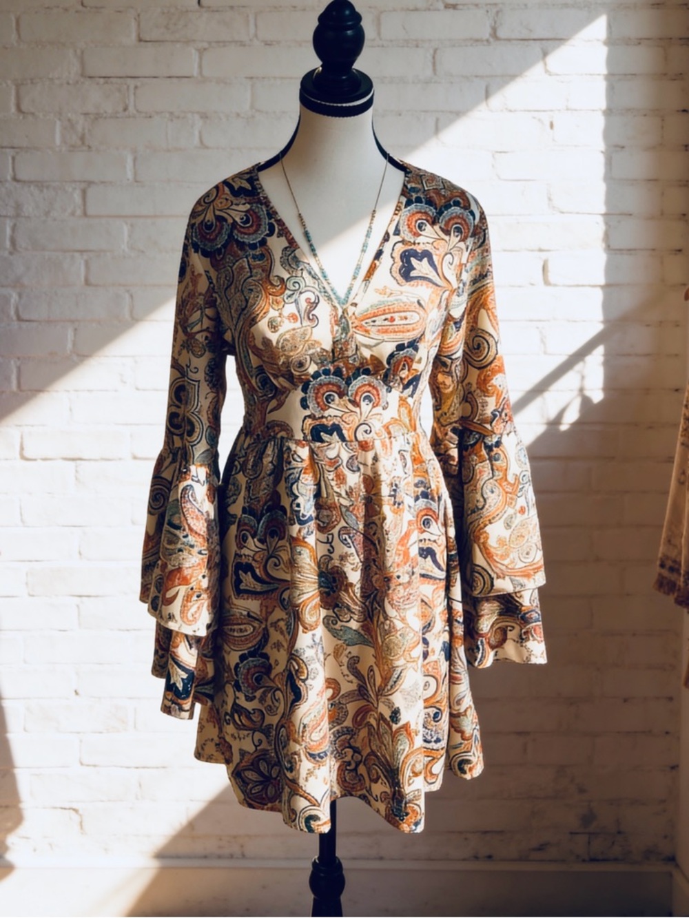 Women’s Boho Paisley Button Front Dress with Bell Flutter Sleeves - Small, New